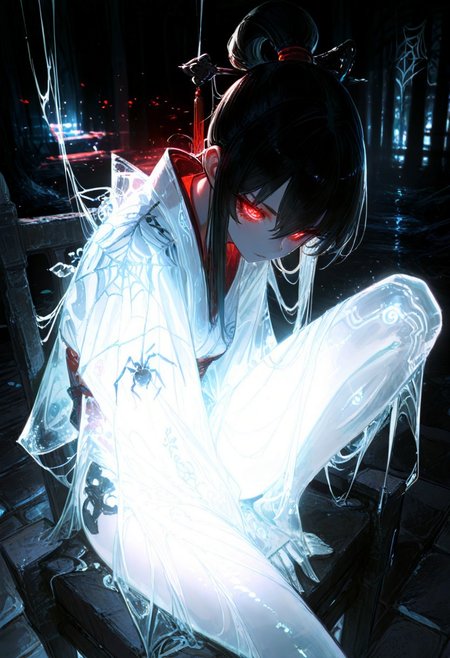 masterpiece, best quality, amazing quality, very aesthetic, absurdres, newest, volumetric lighting, holographic colors, cute, gradient colors, dark background, masterpiece, best quality, amazing quality, very aesthetic, absurdres, newest, volumetric lighting,1girl, 
BREAK
nsfw, 
 ambient occlusion, raytracing, soft lighting, blum effect, masterpiece, absolutely eye-catching, particles, glow, shining, intricate cinematic background, (beautiful face),  
BREAK
masterpiece, highly detailed,1girl,beautiful eyes, big eyes, detailed eyes, detailed pupils, perfect body, dynamic pose, 
(sexy, slutty, hot)
Atlach-Nacha, red eyes, forehead eyes red eyes, glowing eyes, silk clothes, black hair, high ponytail, sitting, stone chair, 
spider web, silver light, dark theme, 
<lora:spo_sdxl_10ep_4k-data_lora_webui:0.6> <lora:ponyv5_noobV065S_1_adamW-000013:0.7> <lora:USNR_STYLE_XL_lokr:0.45> <lora:GBF_Illustrious:0.4> <lora:748cmSDXL:0.8>