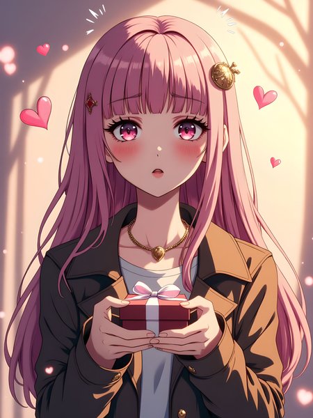 A shy woman with long, pink hair and blunt bangs stands before the viewer, her pink eyes shimmering with nervous excitement. A deep blush spreads across her cheeks, and her slightly open mouth suggests she is hesitating, struggling to find the right words. She wears a brown coat with long sleeves, the fabric slightly wrinkled from clutching a neatly wrapped gift box—a small box of chocolates, tied with a delicate ribbon. Her hands tremble slightly as she extends the present forward, embodying the essence of an incoming Valentine’s gift. The background is a soft, blurry haze, adding a dreamlike quality to the moment. Gentle film grain enhances the warmth of the scene. A small heart seems to float near her head, symbolizing her flustered emotions, and faint traces of spoken blush suggest she's murmuring a few nervous words. A delicate pendant rests against her chest, catching the light as she tilts her head slightly, looking directly at the viewer with hopeful anticipation. Tiny head wings flutter slightly, adding a whimsical touch, while subtle wings in the background suggest an ethereal presence. The overall atmosphere is soft and romantic, perfectly capturing the tender, heart-racing moment of a Valentine’s confession. aidmaimageupgrader, aidmaMJ6.1m, detailmaximizer, mythp0rt, ne0nfant4sy, drkfnts, hkmagic, vantablack <lora:aidmaImageUpgrader-FLUX-V0.2:0.8> <lora:aidmaMJ6.1_aidmaMJ6.1-FLUX-v0.4:0.7> <lora:ne0nfant4sy_NeonFantasyPrimeFLUX-000049:0.7>