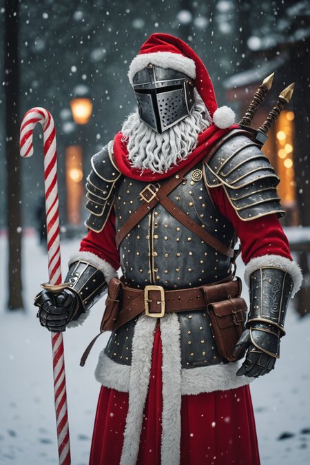cinematic photo dark souls warrior with (santa costume:1.2),holding candy cane,snowing . 35mm photograph, film, bokeh, professional, 4k, highly detailed