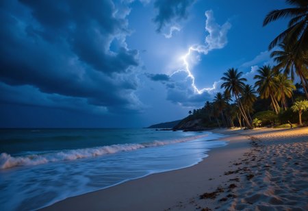 Tropical beach, windy, incoming storm, eerire, fog over the ocean, eerie, ominous, approaching storm, lightning, at night, sci-fi, colorful, glowing, moonlight, moonligjt reflecting off the water, lightning illuminating the sky and clouds, hyper-realistic, 