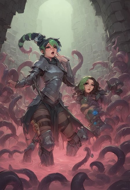 score_9, score_8_up, score_7_up,  tentacles, dungeon, mimic-armor, living armor, BREAK corneo_tentacle_sex, mixxxed, mixxxedhair, round glasses, mole on cheek, green multicolored hair, Madness, EasyNegativeV2, blushyspicy, disembodied_head