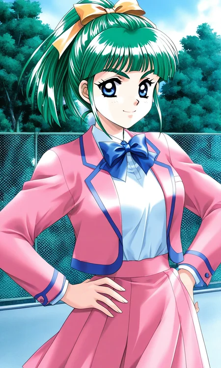 general,highres, ultra-detailed,very aesthetic,best quality ,best hands, BREAK <lora:Iijima_Miyuki_kakyuusei_Ver2.0_IS:1>
Iijima_Miyuki(kakyuusei), 1girl, solo, green hair, high ponytail, bangs, short hair, blue eyes, hair ribbon,Yellow ribbon, breasts, smile, 
school uniform, tree, pink skirt, fence, pink blazer, pink jacket, blue line jacket,
hands on own hip,
long sleeves, chain-link fence, 
 outdoors, bowtie, blue bow,