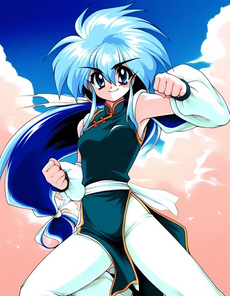 score_9, score_8_up, score_7_up, source_anime, rating_explicit, BREAK  <lora:Ryuho_QOD_XL:1> Ryuho_QOD, light blue hair,  blue eyes,  long hair, small breasts,  two-tone hair,  1990s \(style\), low ponytail,
Ryuho_QOD, 1girl, solo, retro artstyle, clenched hand, 1990s (style), chinese clothes, green China dress, looking at viewer, white long pants,
outdoor, sky,
smile,
looking at viewer, 
cowboyShot,