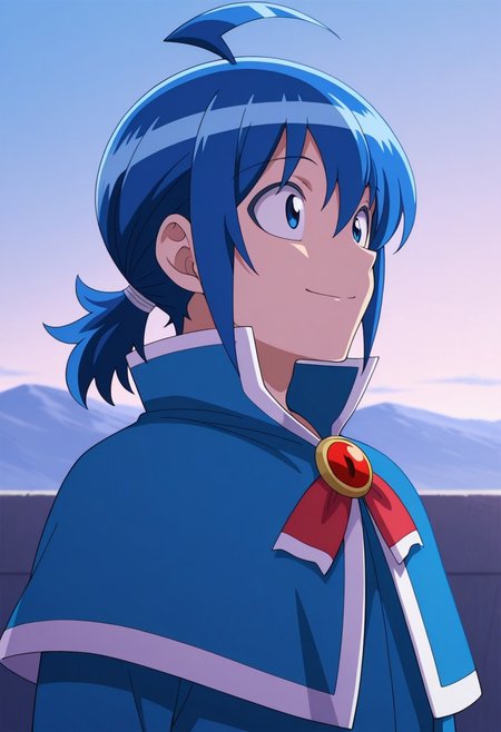 masterpiece,best quality,amazing quality, source_anime,
IrumaSuzuki, 1boy, male focus, solo, blue eyes, blue hair, ahoge, ponytail, school uniform, jacket, blue jacket, capelet, brooch, bow, smile, portrait,
outdoor, sky, day, clouth,