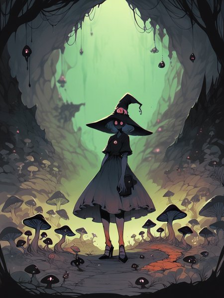 score_9, score_8_up, score_7_up, score_6_up, score_5_up,  <lora:DemizuPosukaXLP:0.7> demizuposuka, 1girl, curvy, dress, cute, solo, witch, bioluminescence, mushrooms, fog, cave, creepy,  <lora:f3nn3rXLP:0.7> f3nn3r