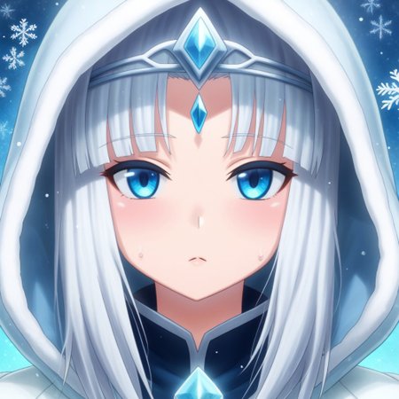 mana_sk style, portrait, focus on face, a fierce frost archer girl with long, sleek silver hair and icy blue eyes, wearing a fur-lined hood and a circlet adorned with frost crystals, her gaze sharp and focused, cold mist surrounding her face as snowflakes gently fall, Japanese RPG style, chilling and majestic atmosphere, intricate details on her hood and frost crystals