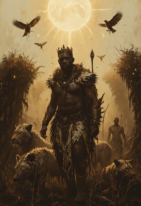 Sickly white men clad in animal skins, African Kings, flies swarm on piles of limbs, <lora:Misty_Vintage:0.8>, <lora:great_lighting:0.8> great lighting, dense light rays, <lora:Bio-Luminescence:0.8> bioluminescent, glowing