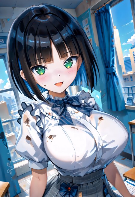 Score_9, score_8_up, score_7_up,  source_anime, (anime:1.2),  uncensored, zPDXL3, detailxl, (ffacedetailxl:0.5), neolight, very absurdres, raytracing, glistening shiny, Soft illumination, global illuminations, detailed face, detailed eyes, detailed, pretty face,
BREAK <lora:eines:0.8> eines, black hair, short hair, bob cut, blunt bangs, colored inner hair, parted bangs, huge breasts, cute, petite, white shirt, neck ribbon, grey skirt, grey bow, brown footwear, white socks, blue bow, frills, puffy short sleeves,
BREAK
1girl, solo, (detailed background:1.3),
(Add layer:1.3), broad vision, magnificent panorama view,overlooking,
(upper body:1.4),(dutch angle:1.3), (from front:1.4),
(seductive:1.5),seductive half-smile|open mouth, lips, heavy breathing, moaning, bimbo, face of pleasure, vulgarity, obscenity, erotic, hetero,(full-face blush,blush:1.1),
(),
(covered nipples:1), (erect nipples under clothing:1),
<lora:0060 abandoned hospital_v1_pony:0.5> ruanyi0060,blinds,dirty,box,brick wall,broken,broken glass,broken window,building,cable,cardboard box,chair,curtains,desk,door,glass,graffiti,hospital bed,indoors,industrial pipe,pillow,railing,ruins,shelf,tile floor,tile wall,tiles,wall,water,window,
<lora:hand 5.5:1.2> <lora:pubic hair_pony_V1.0:0.5> <lora:vivid_everclear:0.3> <lora:light:0.3> <lora:3Danimation_Disney_1.0:0.6> <lora:Fant5yP0ny:0.3> <lora:HDA_Detailer:0.5> <lora:colorful_sdxl_v2_lbw:1>
