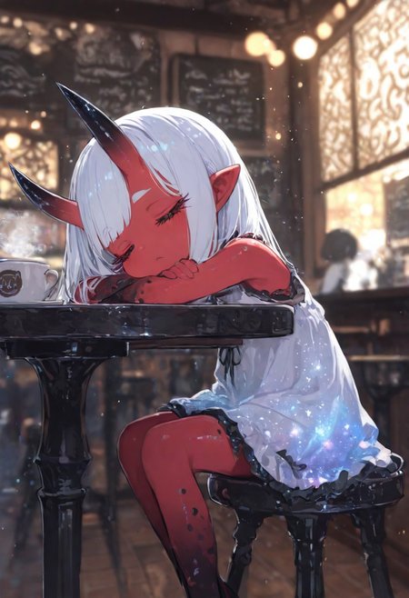 (EyesHD:1.2), (4k,8k,Ultra HD), masterpiece, best quality, ultra-detailed, very aesthetic, sharp focus, depth of field, ray tracing, best lighting, detailed illustration, detailed background, cinematic, glowing particles, shinny, glitter, beautiful face, beautiful eyes, 
BREAK
ambient occlusion, raytracing, soft lighting, blum effect, masterpiece, absolutely eye-catching, particles, glow, shining, intricate cinematic background, 
BREAK
masterpiece, amazing quality, best quality, ultra-detailed, 8K, illustrating, CG, clear skin, ultra-detailed-eyes, detailed background, cute girl, eyelashes
BREAK
Aka-Oni, oni, colored skin, (red skin:1.3), smooth horns, black horns
BREAK
(boring expressive:1.5), cute, kawaii, head rest, sitting on stool chair, cafe, depth of field, cute sleeping on table, chibi:2.0