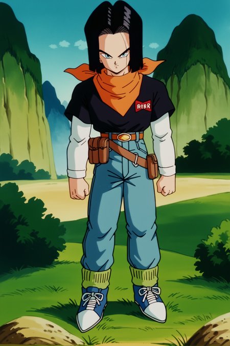 score_9,score_8_up,score_7_up, score_6_up, BREAK, android 17,retro artstyle,1boy,solo,full body,mount paozu, blue sky, cloud, grass,thin mountain, cliff, bush,outdoors, black hair,short hair, light blue eyes, black t-shirt, short over long sleeves, blue jeans, orange bandana,(multiple belts:1.1), green socks, blue sneakers,pouch, serious, clenched hands,looking at viewer, closed mouth, white sleeves,brown belt,(gold belt buckle:1.2),red badge, rr,torn jeans,    <lora:MountPaozuPony:1>  <lora:Android17Pony:1>