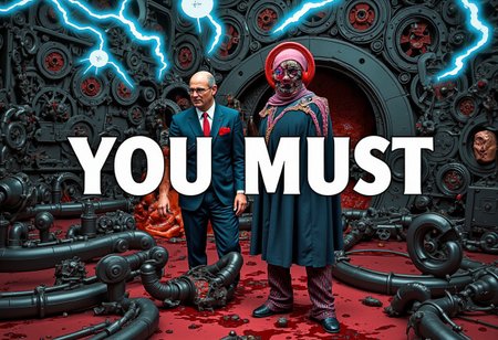the words 'YOU MUST' written in large font fills the front of frame. In the back of frame weird man with in a dark room with checkerboard blue lotus PEOPLE ARE trapped inside machinery, people crushed inside mechanical gears, high gore arms crushed and bent, signs of wailing, people in business suits trapped in machinery. floors with blood on the ground with a white interior cyber tech electricity electical circuits illuminati symbols with brains and vaginas with high technology alchemical background lightning bolts