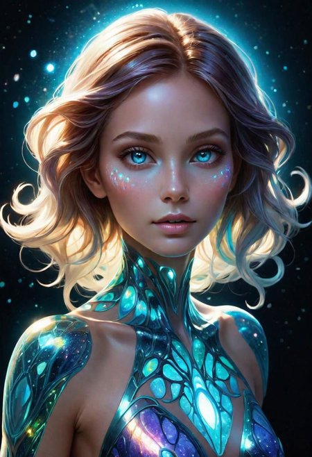 BELLE
an extraterrestrial species whose defining characteristic: bioluminescent skin. Her body and skin shimmers with colors that defy human understanding, a living, breathing canvas of cosmic art., Broken Glass effect, no background, stunning, something that even doesn't exist, mythical being, energy, molecular, textures, iridescent and luminescent scales, breathtaking beauty, pure perfection, divine presence, unforgettable, impressive, breathtaking beauty, Volumetric light, auras, rays, vivid colors reflects, outer space, vanishing point, super highway, high speed, digital render, digital painting, beeple, noah bradley, cyril roland, ross tran, trending on artstation