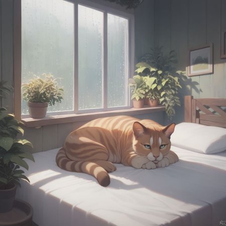 score_9,score_8_up,score_7_up,score_6_up, plants on the windowsill, wall of plants, monstera plant, large plant, tidy bedroom, small room, cramped bedroom, raindrops on the glass, cat asleep on the bed, cat laying on top of bedsheets, brown tabby cat, rain hitting windowsill, rain outside only, raindrop on windowsill, raining but not inside, gloomy, evening,