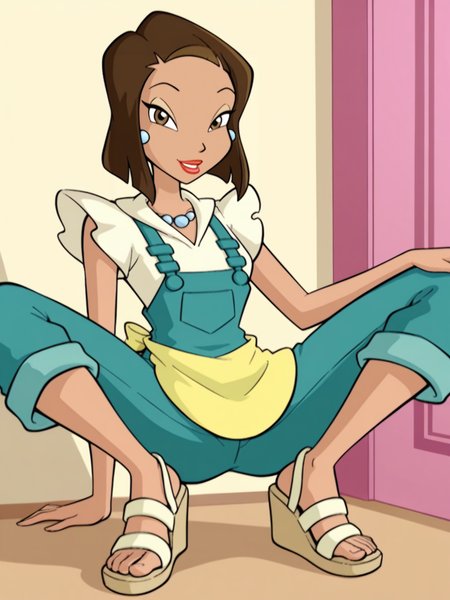 <lora:Bloom_motherIL:0.7> b_m, 1girl, short hair, brown hair, brown eyes, red lips, earrings, beige sleeveless shirt, green overall, necklace, yellow apron,
looking at viewer, squatting, front view, spreading legs, sandals