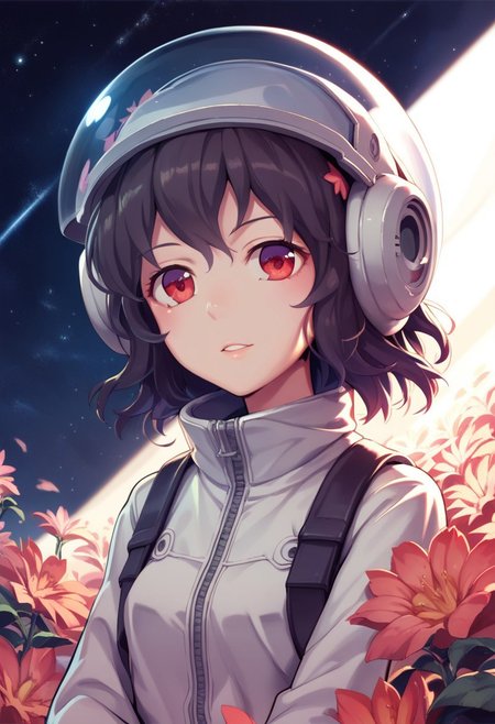 score_9, score_8_up, score_7_up, score_6_up, austr, anime, A young woman inside a space helmet, gazing thoughtfully. She has wavy dark hair, and the visor of her helmet is clear, showing her serene expression. Around her, peach-colored flowers, creating a contrast between the soft, delicate blooms and the hard, futuristic space helmet. The background is a cosmic, starry scene, blending elements of nature and space