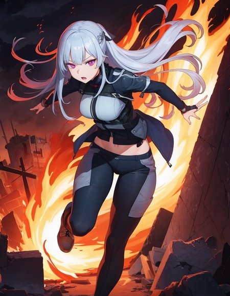 (extremely detailed CG unity 8k wallpaper),(masterpiece), (best quality), (ultra-detailed), (best illustration),(best shadow), (sharp eyeliner, eyeshadow, detailed eyes:1.1), ruins, rubble, city, explosion, fire
,BREAK
1girl, (ak12:1.2), running, dynamic pose
<lora:AK12:1>