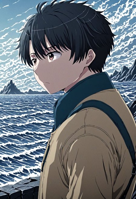 high resolution, solo, best quality, 1Boy, Inaho Kaizuka, Black Hair, existential longing, fantasy background, strong wind, OverallDetail