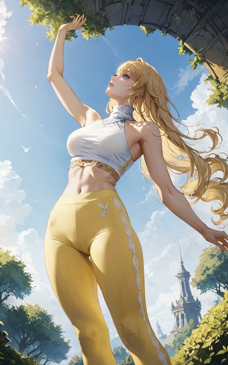 extreme detailed 1girl, masterpiece, ultra-detailed, an extremely delicate and beautiful, solo, navia /(genshin impact/), blue eyes, long hair, white yellow leggings, white yellow crop top, sleeveless, covered neck, bare shoulders, sneakers, stay, arm up, look at viewer, from below, park, <lora:Navia_XL_LoRA:1>  <lora:Desolation:0.5> <lora:aesthetic_anime_v1s:0.6>