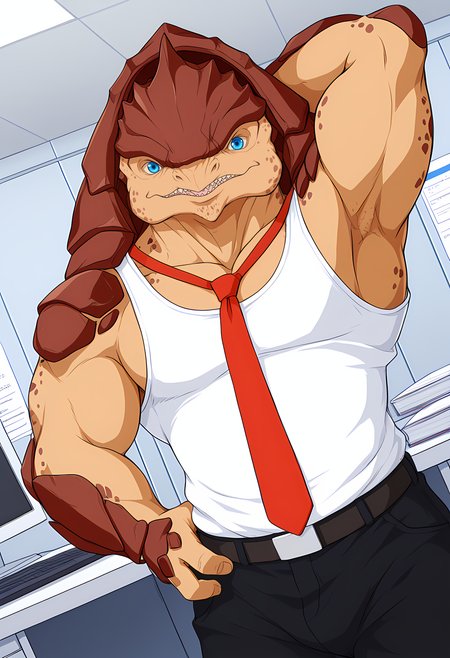 sz3d3k, wfastyle, tk_style, masterpiece, best quality, amazing quality, dutch angle, office, cubicle, computer, BREAK
one arm behind head, armpit, upper body focus, BREAK
solo, male focus, 1boy, me_krogan, brown body, blue eyes, muscular male, white tank top, red necktie, black pants, BREAK
<lora:cfg_scale_boost:.6>  <lora:Krogans_-_Mass_Effect_-_ILXL:1>, <lora:Anti_Dev_Style_PonySDXL:0.8> antidev <lora:Hotcha:0.8> hotcha <lora:Rayray_Sparkling_Bunny_Style:0.8>