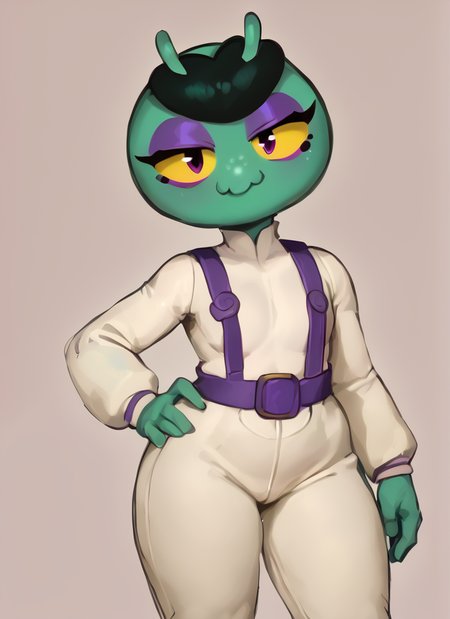 score_9, score_8_up, score_7_up,   <lora:bseve:1> bseve  ,1 girl , green skin , no humans, monobrow , no hair ,yellow sclera, antennae,  eyeshadow, suspenders ,white bodysuit,  long sleeves, pants , suspenders,  , smile , half-closed eyes, hand on own hip,    ,looking at viewer, <lora:Kittew-4RCH0N:1>smile,