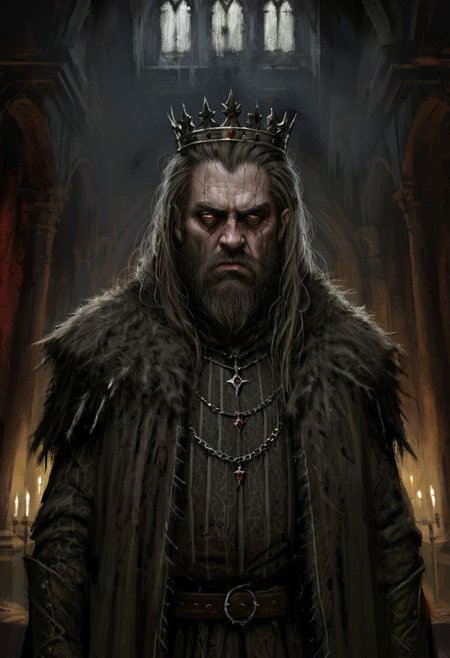 (horror-themed digital painting in jrst artstyle:1.2) about a mad king, upper body portrait, hair down, dirty, stubble beard, sad, depressed, tear, tattered noble outfit, crumbling palace interior, unsettling, terrifying, dark, spooky, suspenseful, grim, highly detailed