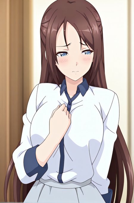 masterpiece, best quality, highres, newest, 1girl, solo, official style, anime screencap, <lora:IL_Okinaka_Yurina:1>, yurina, brown hair, long hair, blue eyes, white shirt, grey skirt, indoor, looking away, blush, hand on chest, upper body, sad expression