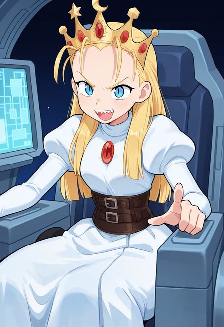 1girl, solo, dvltte, long blonde hair, hair slicked back, crown, blue eyes, slit pupils, white dress, puffy juliet sleeves, sitting, cockpit, hologram monitors, pointing, open mouth, smile, sharp teeth, serious,