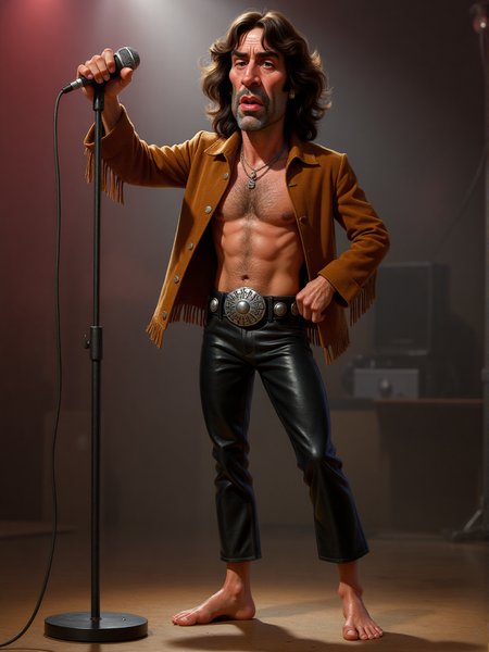 Animated caricature of Jim Morrison: full-body view of Morrison standing barefoot with one arm raised dramatically and the other holding a vintage microphone. His facial features are exaggeratedâintense, deep-set eyes with dark lashes, a wide mouth with full lips slightly parted as if singing, and a square jaw. His thick, wavy brown hair falls to his shoulders in tousled curls. He wears tight black leather pants with a silver concho belt, and his bare chest is visible under an open suede jacket with fringe along the arms. A spotlight highlights his silhouette against a smoky, psychedelic backdrop in dark reds and purples. <lora:3d_caricature_Strong:0.8>
