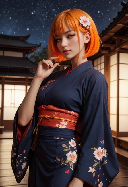 score_9_up, score_8_up, score_7_up, score_6_up, 1girl, 25 years old, perfect face, (adult), sexy,
yellow eyes, 
short hair, bob cut, multicolored hair,  colored inner hair, orange hair, blunt bangs, sidelocks, hair ornament, 
kimono, Japanese architecture, 
starry sky, night, hand up, 
(cowboy shot),
