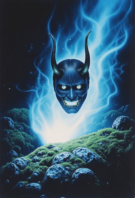 ArsMovieStill, movie still from a 1970s horror movie Studio Ghibli Dark Fairytale depicting a cursed hannya mask with horns and fangs blooming out of a blue lotus in a liminal bonsai garden with eerie radiating cyan and magenta miasma