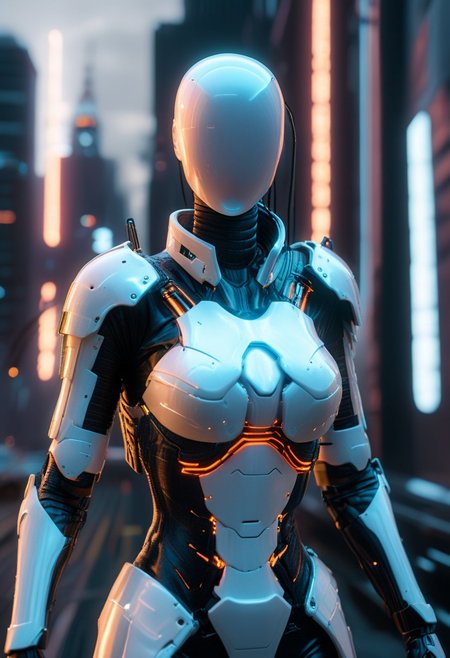 score_9, score_8_up, score_7_up, source_filmmaker, hyper detailed, high quality v3, (ultra-HD details), rating_PG, SFW, 
 J_diagram bioluminescent Portrait Cyberspace bald white faceless female mannequin with cyberpunk cyborg accents and visible robot joints, wearing a mecha cyberpunk glowing S4mur41 M3ch4 neon lightning armor chest, flying, floating with a cape, between gigantic skyscrapers, midday sun lighting god beams