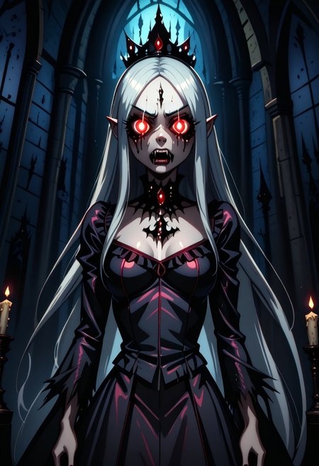 packetstyle, closeup portrait, indoors a gothic castle, standing solo girl vampire, gesturing toward viewer, fangs, glowing eyes, very long silver hair, candlelight,