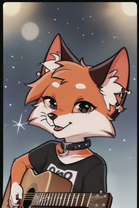 (solo female) furry vixen,  female focus (<lora:lisa-10:0.7>), cute, chibi, Pappy looking at viewer, (long eyelashes:1.1), fluffy white fur on chest, (ear big piercing:1.2), (wearing black t-shirt and black collar, "Riot" print), holding guitar, stars, night, detailed background, depth of field
