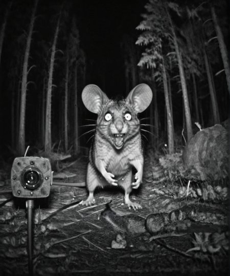 Camera trap, monochrome, evil giant mouse is yelling, horror   <lora:Camera trap:1>