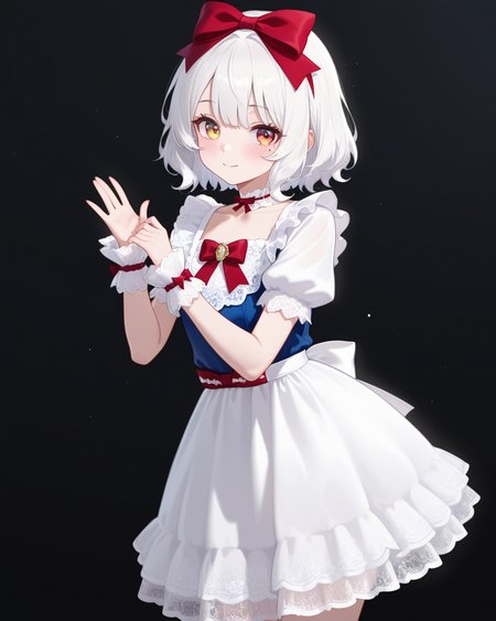 Positive: Masterpiece, best quality, amazing quality, very aesthetic, high resolution, ultra-detailed, absurdres,
1girl, solo, 
subanxia,
white hair,red eye,yellow eye,mole under eye, 
blue top white skirt red bow vintage lace dress,
white skirt,short sleeves,puffy short sleeves,frills,wrist cuffs,lace,apron,blue vest,ribbon,red bow,choker,
hair bow,
black_background, standing, cowboy_shot,   
