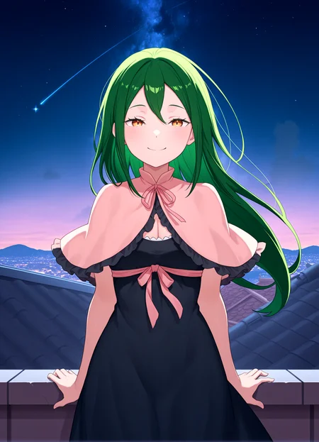1girl, <lora:kncrusch_sn55:1>,crksn, green hair, pink frilled capelet, black sleeveless dress, pink ribbon,
nighttime, stars, atmospheric, looking at viewer, roof top, smile, squinting,
looking at viewer, cowboy shot, straight shot,
high resolution, ultra-detailed, absurdres, masterpiece, best quality, good quality, newest,