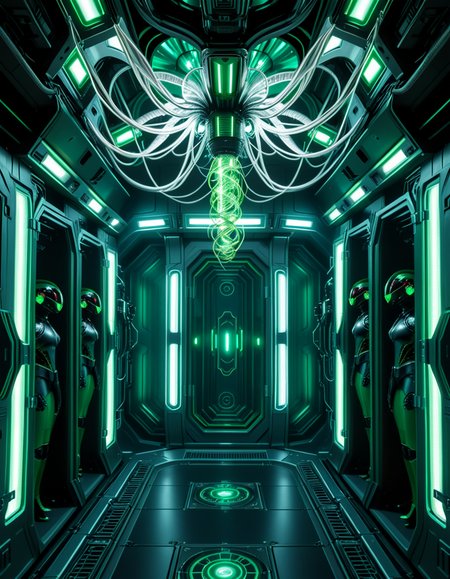 A dark, oppressive regeneration chamber deep within a Borg vessel â a biomechanical environment where drones return to recharge and interface with the collective. The chamber is dimly lit with pulsating green and white lights that flicker through dense shadows. The walls are lined with vertical alcoves, each containing a Borg drone standing motionless, plugged into the system via biomechanical tendrils, tubes, and neural interfaces embedded into their bodies.
The surfaces of the room are a fusion of metallic plating, organic texture, and cybernetic growths â as if the ship itself is alive, constantly shifting and adapting. Steam hisses softly from vents near the floor, and faint mechanical whirring echoes through the chamber. Fiber optic cables pulse with data transmissions, running across the ceiling like glowing veins. 
Above, a central neural conduit hangs like a mechanical spine from the ceiling, branching out and connecting to each alcove, feeding the collective hive mind with real-time information. The atmosphere is cold, sterile, and unnervingly silent â a place devoid of individuality, where only the will of the collective exists. There is no comfort here, only efficiency, order, and total control. 
<lora:SDXLFaeTastic2400:0.4> <lora:extremely_detailed:0.4> extremely detailed,<lora:borg_recharge_ch4mb3r:1>,borg recharge ch4mb3r, Masterpiece,best quality,hi res,8k,hi res,8k,award winning,(sharp focus, intricate, highly detailed),