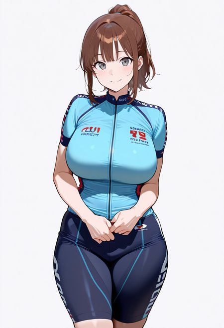 masterpiece, best quality, amazing quality, simple background,((outlined outlined vector graphics)),  simple background,  white background,
1girl, solo, female focus ,20yo, brown hair, gray eyes, (large breast:1.1), (ponytail:1.1), medium hair,(curvy:1.1),bangs,  looking at viewer ,smile, happy, ,,cowboy shot,cycling wear, cycling-wear, cute face , short sleeves  <lora:cycling-wear-il-01:0.7>