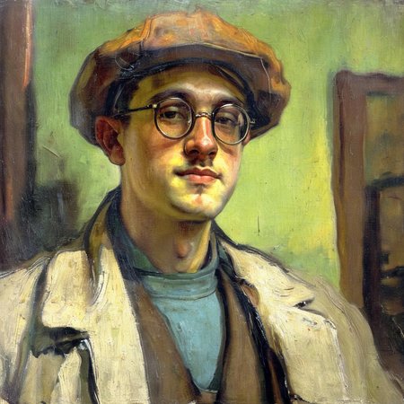 barbacki professional portrait of young male artist painter wearing hat and glasses<lora:barbacki:1>