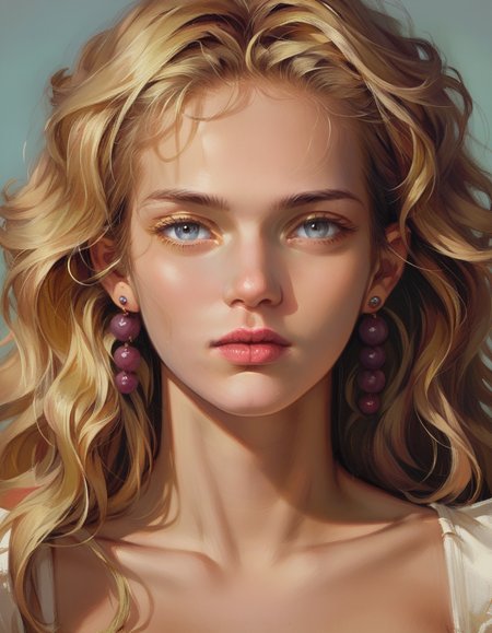 score_9, score_8_up, score_7_up, score_6_up, <lora:hud_yanjuncheng_styl_XLP:1> Make a magnificent, ultra-detailed illustration, (  wearing  Sophisticated chlamys with bold colors and ornamental brooches ), Seductress, Tall, in shape, Triangular Face, Tan Skin, Golden Blonde Hair, grey-blue Eyes, Wide Nose, Thin Lips, Receding Chin, Long Hair, Thick Hair, High Ponytail, soft breasts, Stud earrings, grape cream lipstick, Surrealist Art, expressive, Realistic