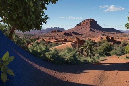 ((overlooking an exotic alien landscape)), ((blue sand)), ((sand is colored blue)), ((hills of blue sands)), green shrubs growing in the sand, shrubs are stubby and sporadic, sky is tinted yellow, land is blue dirt, ((dirt is blue)), ((sand is blue))