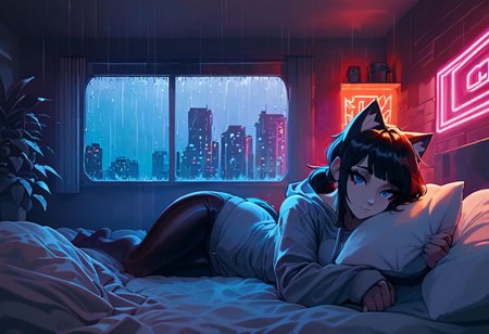 score_9,score_8_up,score_7_up,score_6_up, 1girl, 
 sitting in bed next to a large window, holding coffee cup, steaming coffee cup on windowsill, wearing croptop hoodie, black croptop hoodie, long hair, black hair, low ponytail hairstyle, pov from outside, view from putside the window looking into the room, looking out window, head resting on pillow laying on the bed, hoodie, plants on the windowsill, looking out the window, looking at viewer, background is the bedroom, tidy bedrrom, small room, cramped bedroom, teddies on the bed,, wearing legging, see through thights, black tights, cyberpunk city view out of the window, raining outside, heavy rain outside, neon light, purple neon lights, cat on the bed, pet cat in the room, pet cat sleeping on the bed
