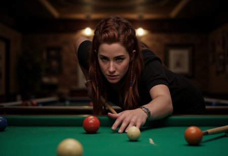 cinematic epic wallpaper splash concept art, 8k ,
negative space, ray tracing, 
20yo Aloy with green eyes and freckles and light skin with a warm undertone and red braided long hairstyle with beads in it
in a billiards room, holding a snooker stick, preparing to take a shot in snooker, intricate details of the pool table and cues, soft lighting from overhead lamps, by Edgar Degas or Paul Cézanne, long shot with focus on the woman's concentration and form.
wearing yoga pants and polo shirt