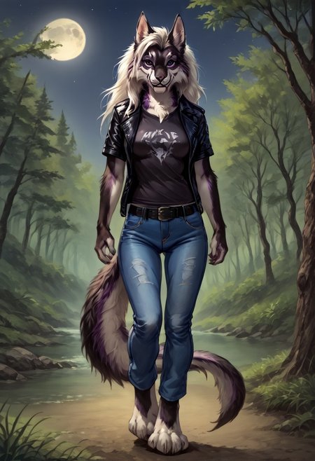 score_9, score_8_up, score_7_up,  ng_deepnegative_v1_75t, by reallynxgirl,  female, ((((anthro)))), 1girl, furry_female, solo, furry, animal_ears, tail, moon, night, purple_eyes, long_hair, medium breasts, smile, animal paws, pawpads, outdoors, claws, looking_at_viewer, snout, tree, forest, cinematic lighting, anime style,  standing, black t-shirt, black leather biker jacket, blue jeans, black belt, silver buckle, 2D, frontal,  front view, detailed background,