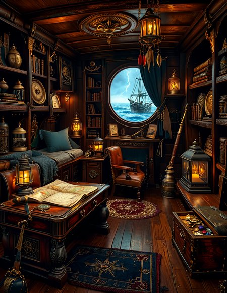 <lora:Captain_c4b1n:1>,Captain c4b1n
A richly detailed pirate captain's cabin aboard an 18th-century wooden ship. The room is dimly lit by flickering candlelight and a hanging oil lantern, casting warm golden glows on the dark oak walls. An ornate wooden desk sits at the center, covered with ancient, weathered maps, a golden compass, and scattered quills with ink bottles. A large, curved window at the back reveals the vast ocean under a moody, cloudy sky, with faint moonlight seeping in.
To the right, a massive wooden bookshelf filled with leather-bound books, nautical charts, and mysterious artifacts, some covered in dust. On the left, a polished mahogany chest with intricate carvings, partially open, revealing gold coins and shimmering gemstones. A grand captain's chair, upholstered in deep red velvet, sits behind the desk, exuding authority and power.
The wooden floor is rugged and slightly uneven, adorned with an old tattered rug. A cutlass and a flintlock pistol rest casually on the desk, while a pirate hat with a large feather hangs on the wall beside a mounted shipâs wheel. The atmosphere is both eerie and majestic, evoking the spirit of adventure and the mysteries of the sea.
<lora:SDXLFaeTastic2400:0.4> <lora:extremely_detailed:0.4> extremely detailed, Masterpiece,best quality,hi res,8k,hi res,8k,award winning,(sharp focus, intricate, highly detailed),