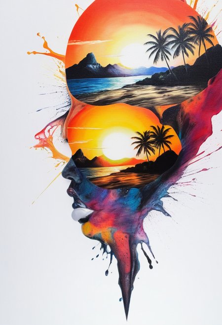 Sunset painting with double exposure,, Fractangles masterpiece, art colorful,(ultrarealistic but extremely beautiful:1.4), (best quality:1.2), (high detailed), inkpunk,ink stains,(ink splashes:1.5), clear focus, amazing composition,, award-winning, professional, highly detailed, (white background:2), amazing tropical landscape with surrealism elements, <lora:PornMaster-Fantasy style-V1:0.7>