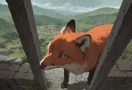 best quality, masterpiece, newest, absurd res, hi res, very awa, fox, honovy, (mucknagabe:0.7), (akai sashimi:0.5), (studio ghibli:0.5), (96yottea:0.3), (rei \(sanbonzakura\):0.3),  realistic feral, slim, no sclera, solo, headshot portrait, looking up at viewer, side view, no humans, (peeking around corner:1.1), (curious:1.1), (doorway:1.1), high-angle view, (stone cottage:1.1), crumbling wall, dilapidated, rocks, moss, highlands, scotland, rural, overcast, rain, mist, early morning, dim, ethereal, cinematic lighting, dramatic, landscape, architecture, postcard, (lineart:0.6), watercolor, vintage, 