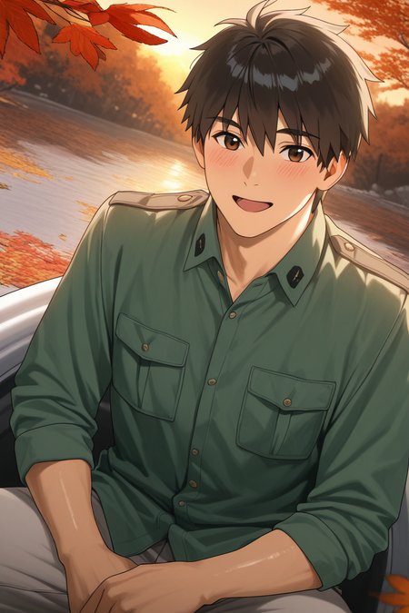 realistic shading, backlighting, male focus, looking at viewer, expressive face, smiling, doujouts, brown_doujouts_eyes, black_doujouts_male hair, 1boy, open mouth, sweet smile, slight blush, happy, shiny skin, hands on own thighs, sitting in boat, legs apart, suggestive, autumn clothes, cosplay, greyish green dress shirt, breast pocket, pants, glistening water, evening, sunset, falling autumn leaf, large autumn leaf, water, intimatepov, dutch angle, dynamic angle, intricately detailed illustration, depth of field, masterpiece, best quality, amazing quality, very aesthetic, absurdres, newest, anime screencap