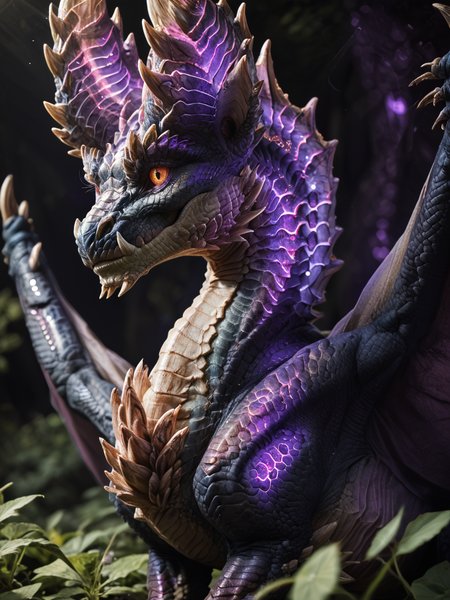 <lora:MH_Alatreon_a1_16_PonyXL:.8>, score_9,score_8_up,score_7_up, nature photography, (Close up, extreme closeup, extreme portrait:2), cropped photo,
headshot side profile
alatreon,feral,(glowing purple:1.4),by smewed,(by claweddrip:0.5),solo,hi res,detailed background,forest, looking at viewer,extreme detail
,detailed eyes,tail,red sclera,yellow eyes,wings,hands on ground,
(dark background:0.8), (dark_lighting:1.8),  hardlight , bloom, translucent, subsurface scattering, sharp hyper detailed, (shiny glass skin:1.2), (ultra-detailed scales:1.1), glowing, <lora:RM_Enhancer_v1.0_bf16:.1> <lora:p:.2> <lora:Add_More_details_SD3:.5>