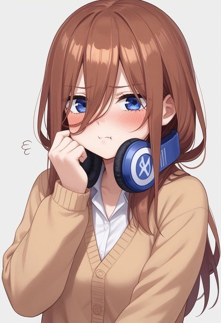 1girl, nakano miku, Go-Toubun no Hanayome, headphones around neck, puffing cheeks, angry expression, slightly blushing, embarrassed look, headphones, solo, pout, hair between eyes, cardigan, long hair, :t, brown hair, blush, shirt, white shirt, simple background, cardigan, drawn in pencil, everything is drawn with a simple pencil